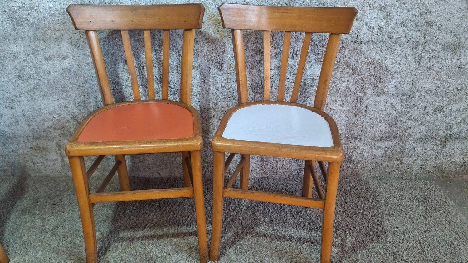 6 vintage bistro chairs from the 1950s, beech wood, repainted mismatched seats.