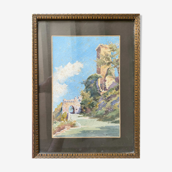 Tableau aquarelle 1930 signée paysage ruine et chemin avec le cadre‌