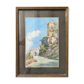 Tableau aquarelle 1930 signée paysage ruine et chemin avec le cadre‌