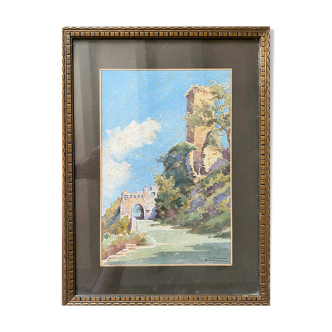 Tableau aquarelle 1930 signée paysage ruine et chemin avec le cadre‌