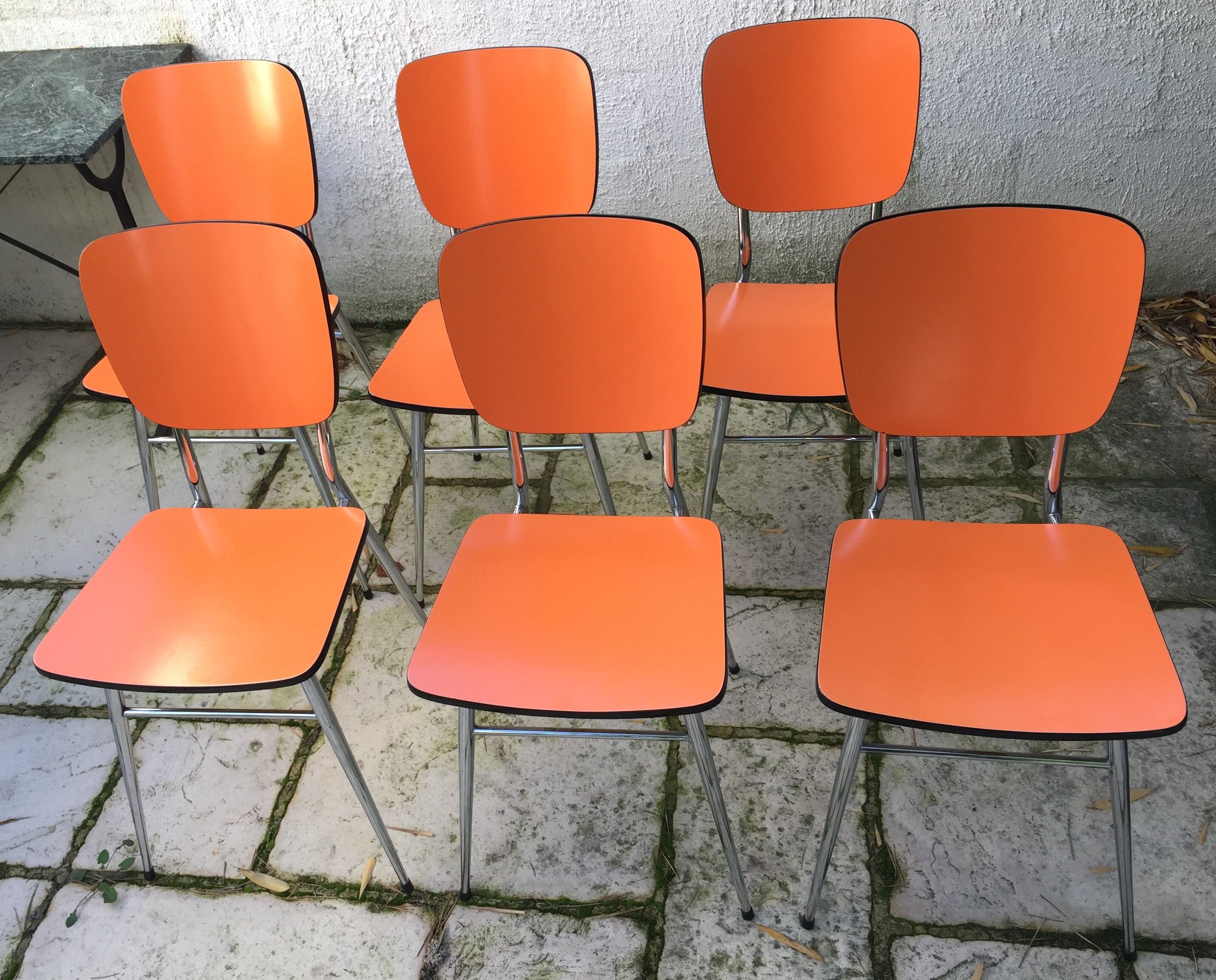 Set of 6 vintage orange formica chairs, 70s