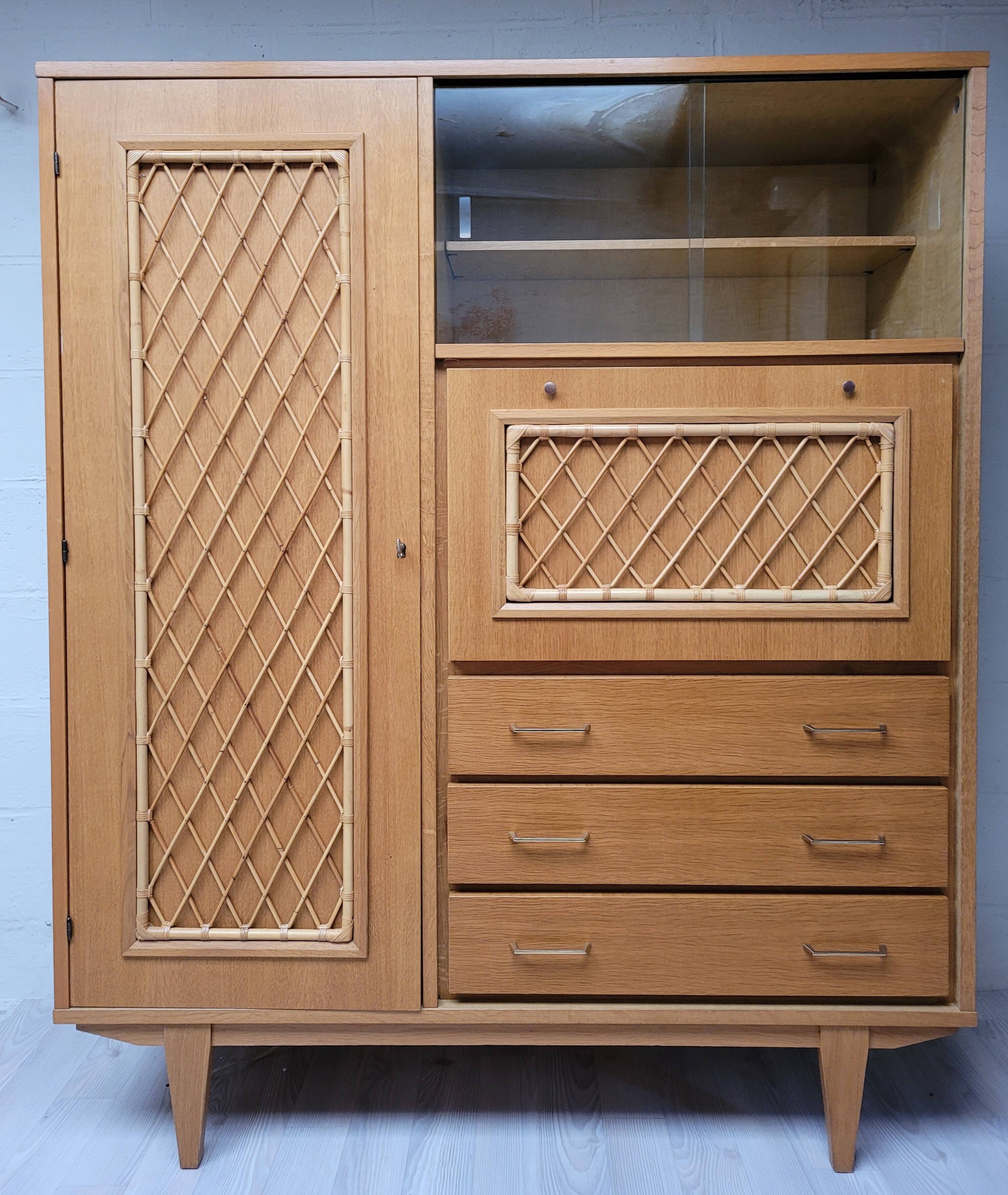 Wooden and rattan chest of drawers, 1960s