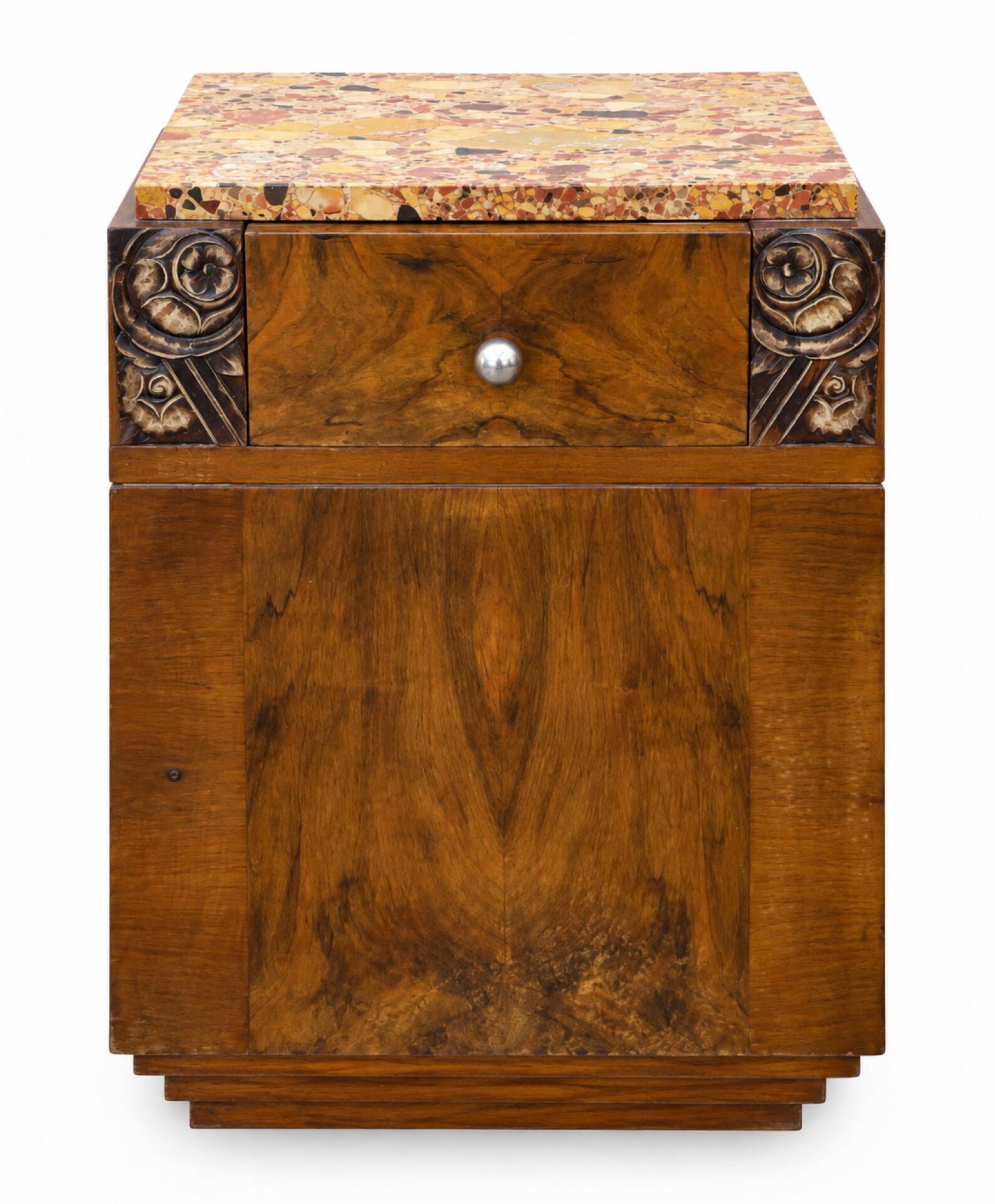 Ensemble coiffeuse 1930 Art Déco en Noyer avec dessus marbre et chevet