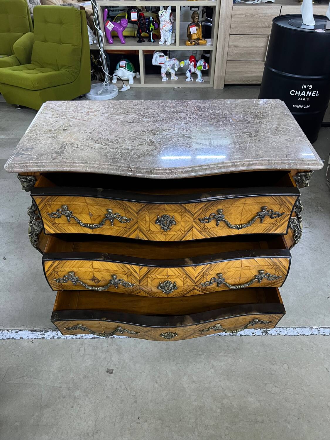 Louis XV style tomb chest of drawers in marquetry and marble