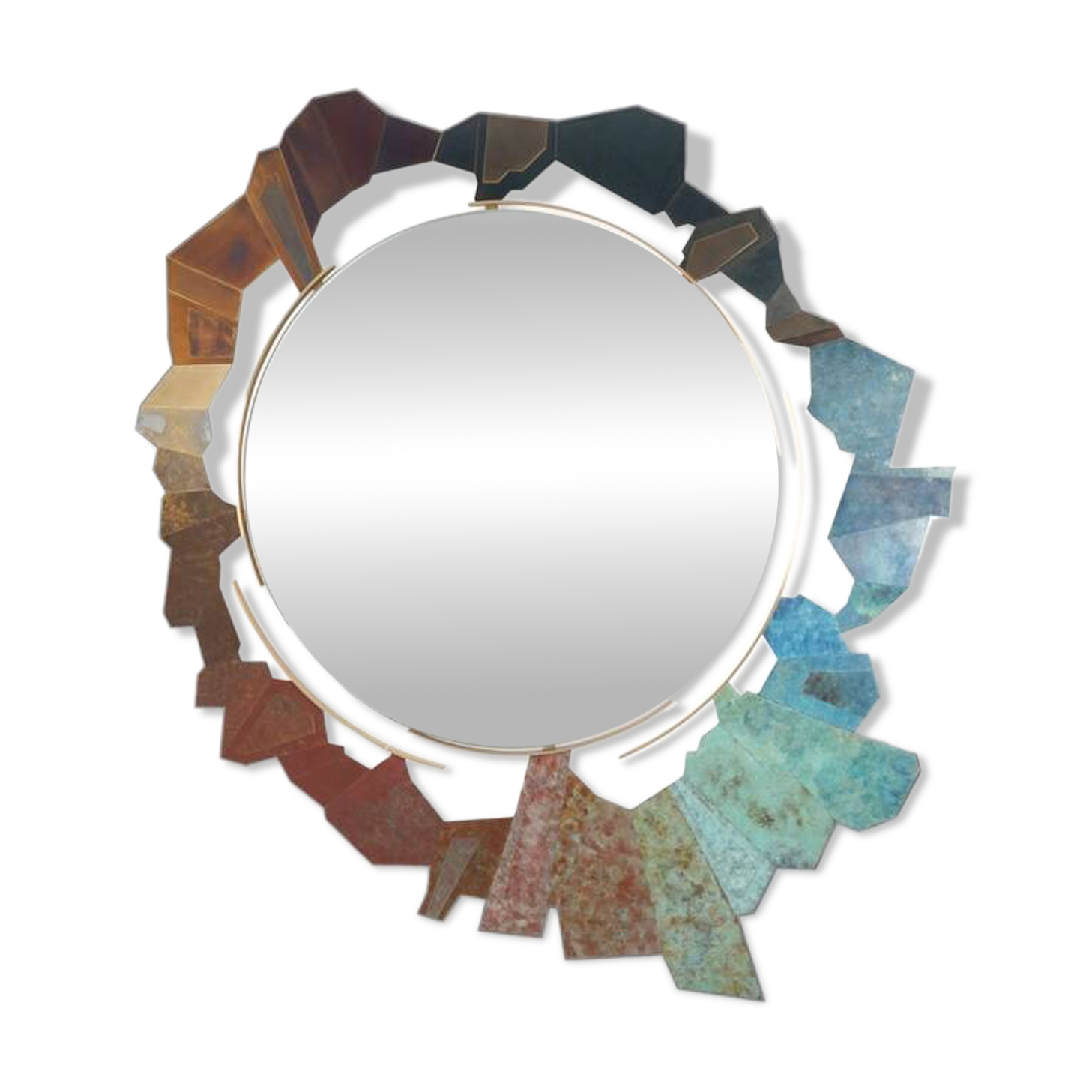 Contemporary mirror in oxidized bronze and brass with a deconstructed shape.