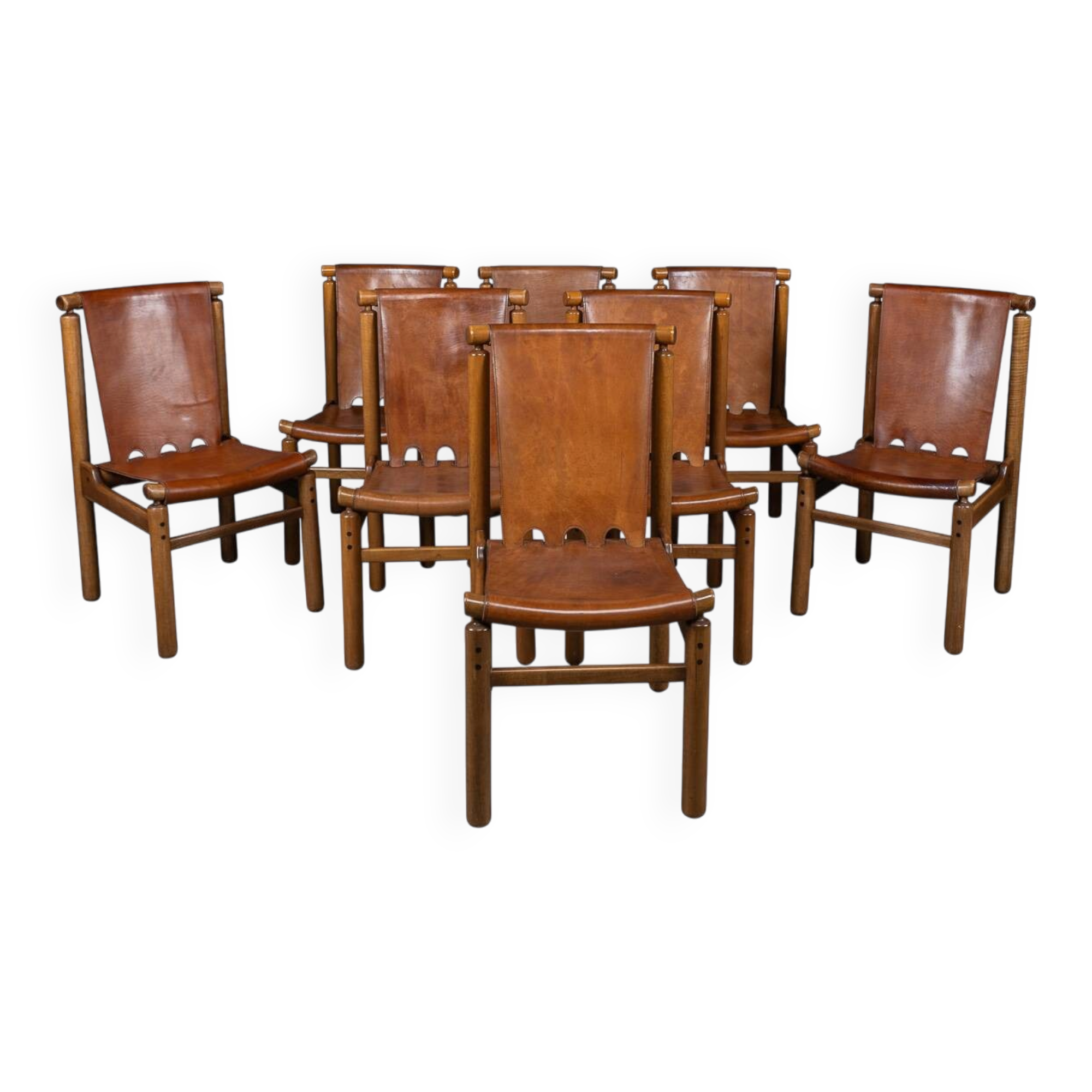 A SUPERB 20thC SET OF EIGHT ILMARI TAPIOVAARA LEATHER DINING CHAIRS c.1950