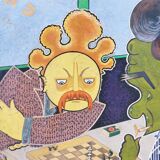 Gouache drawing of cubism chess players signed vintage
