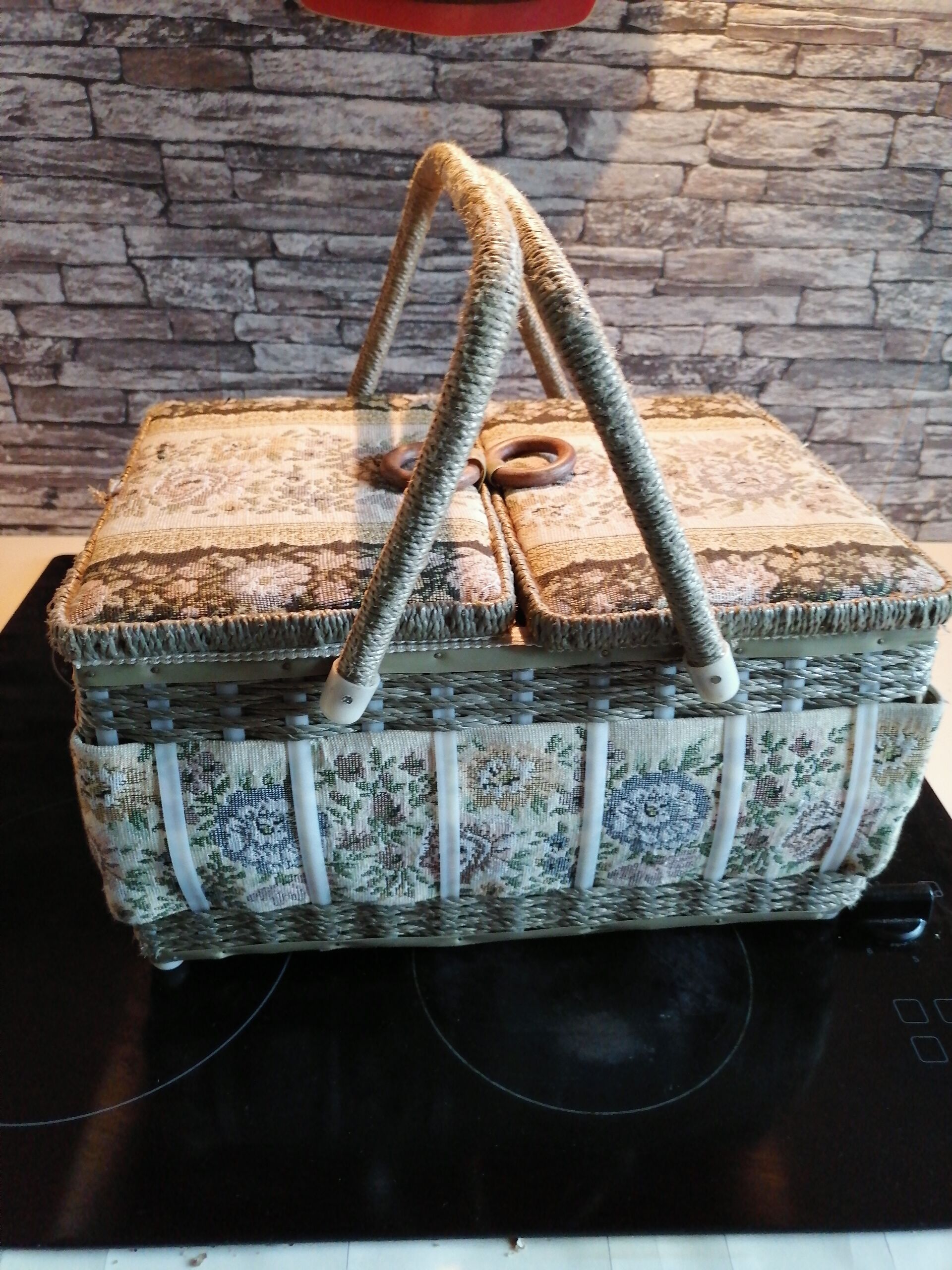 Box basket sewing 2 handles fabric 1960 1970