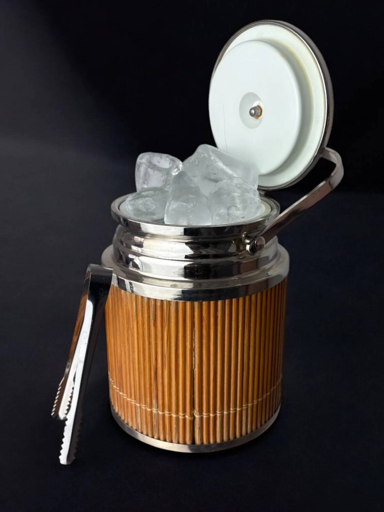 Hollywood Regency rattan ice bucket with tongs, Italy, 1970