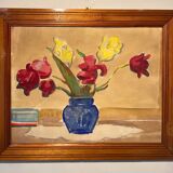 Tableau ancien, nature morte aux tulipes, années 70-80