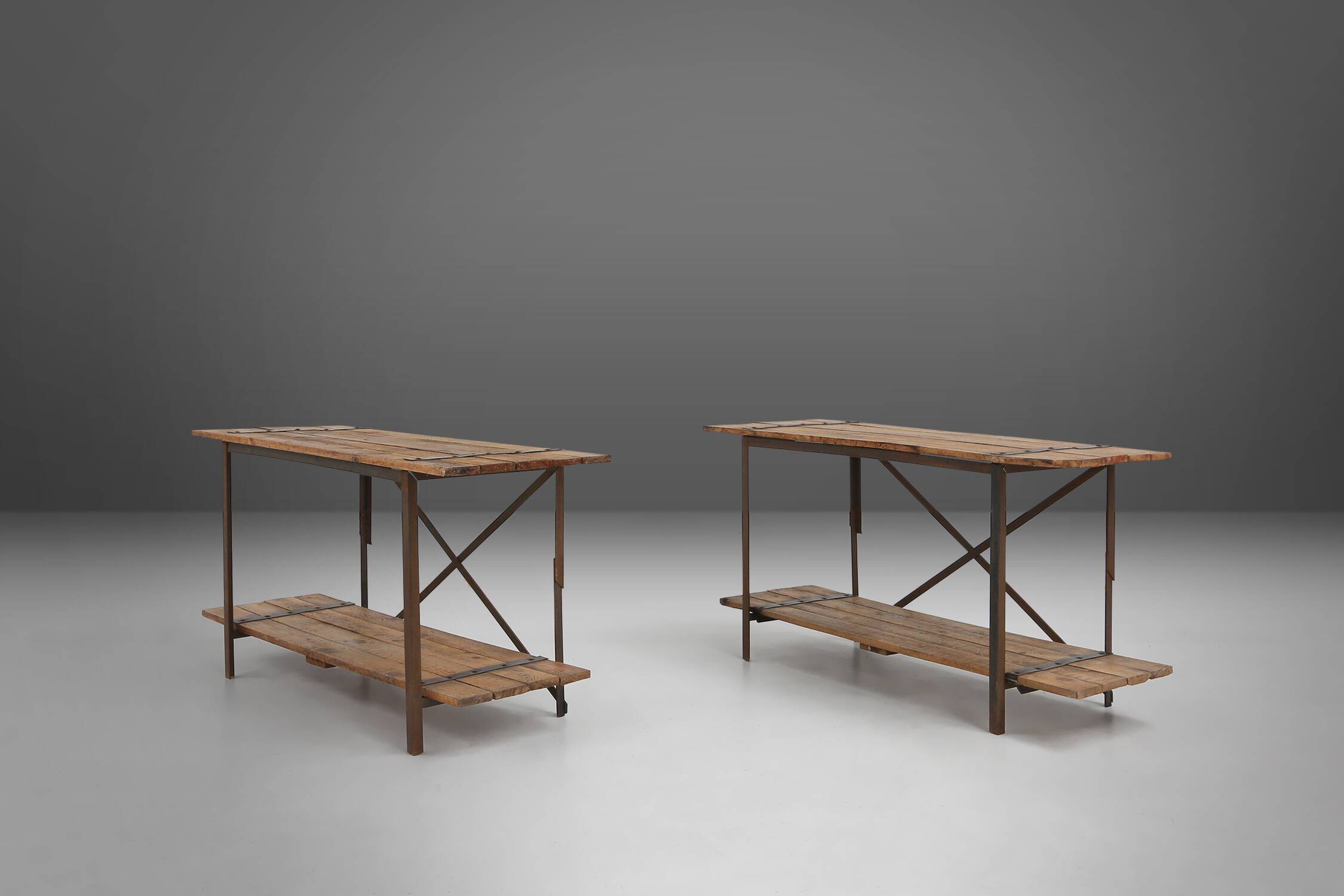 Industrial side table with metal frame and wooden top and removable platform, Belgium, 1920