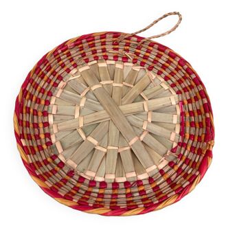 Basket or round tray ethnic pink yellow and beige