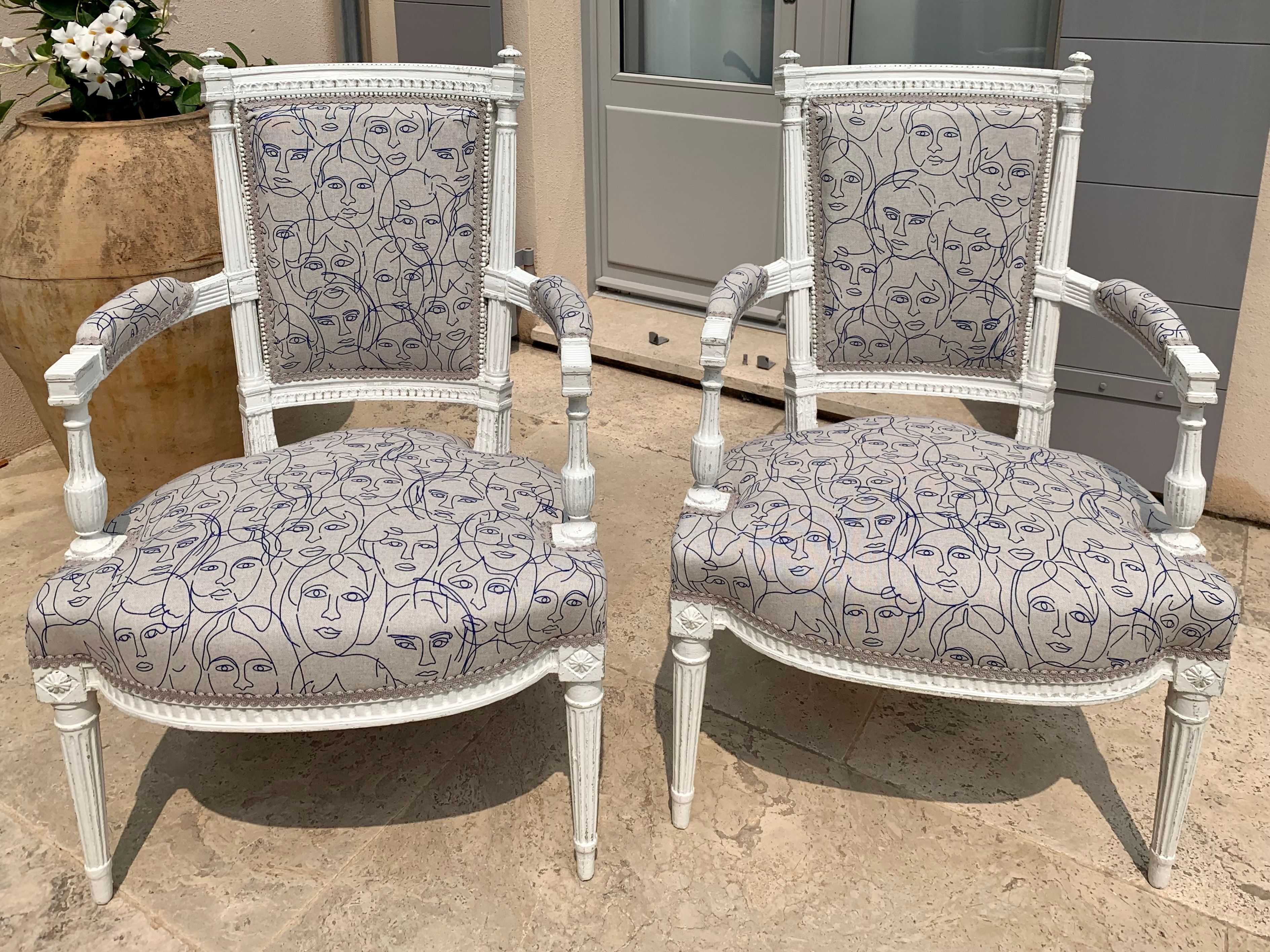 Pair of patinated louis xvi period armchairs, new tapestry