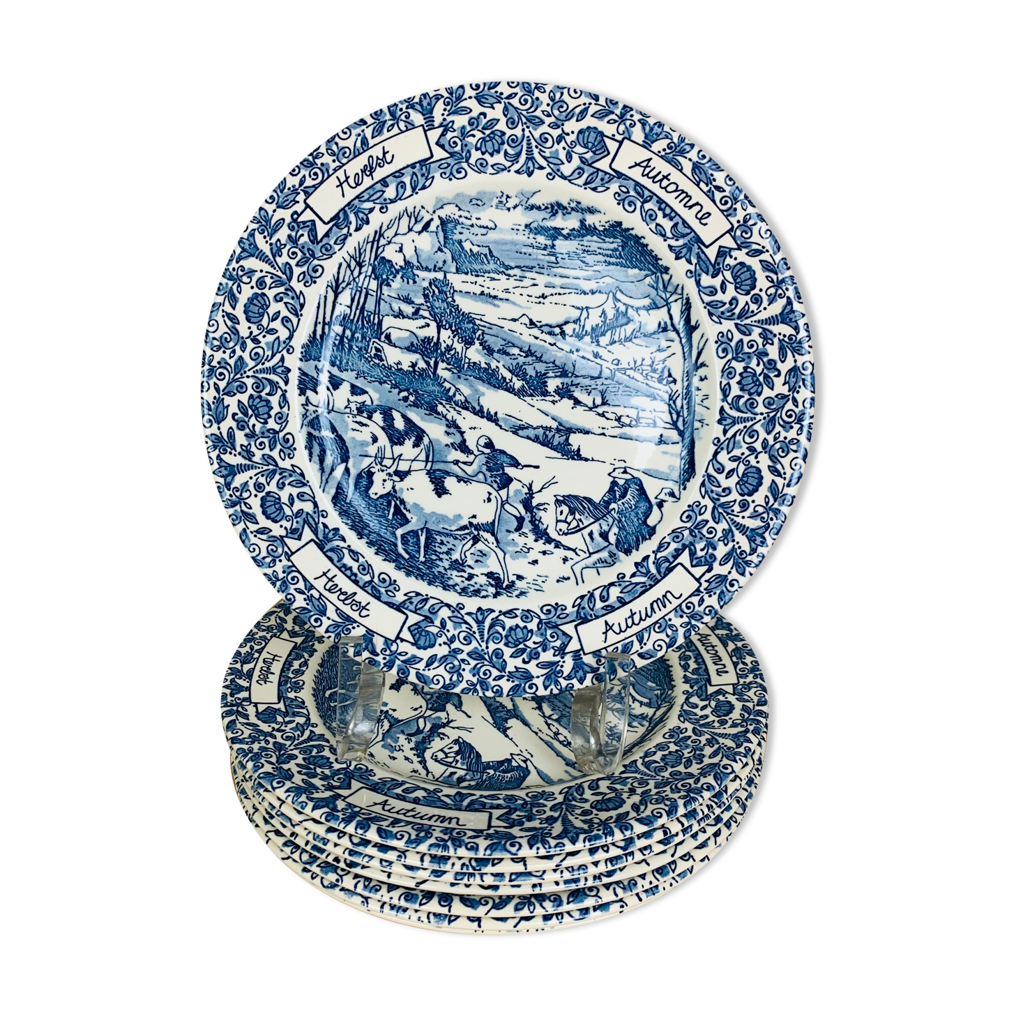 8 assiettes terre de fer anglaises bleues "automne" England ironstone