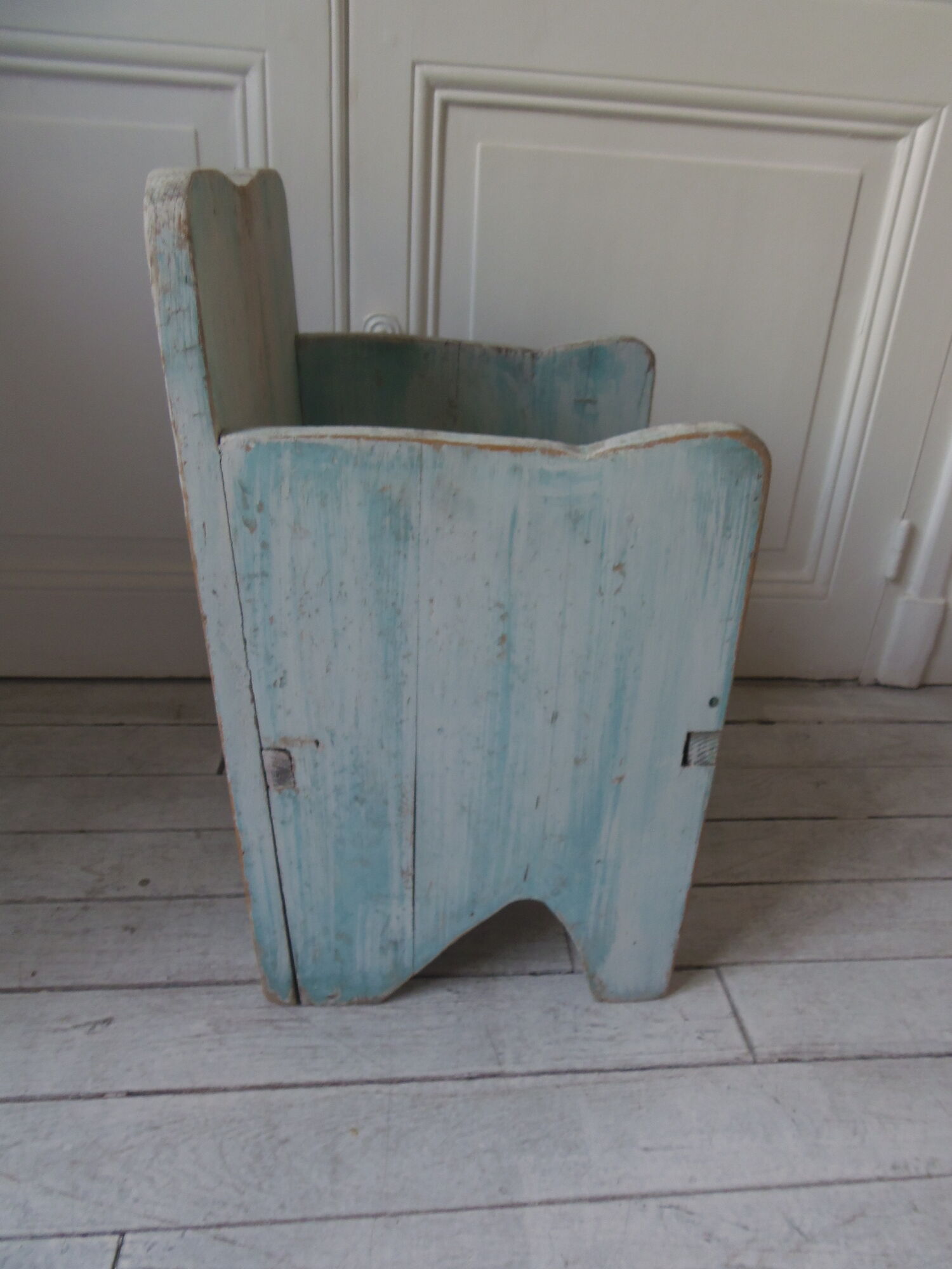 Vintage children's armchair in wood in its blue pearl grey juice, waxed finish