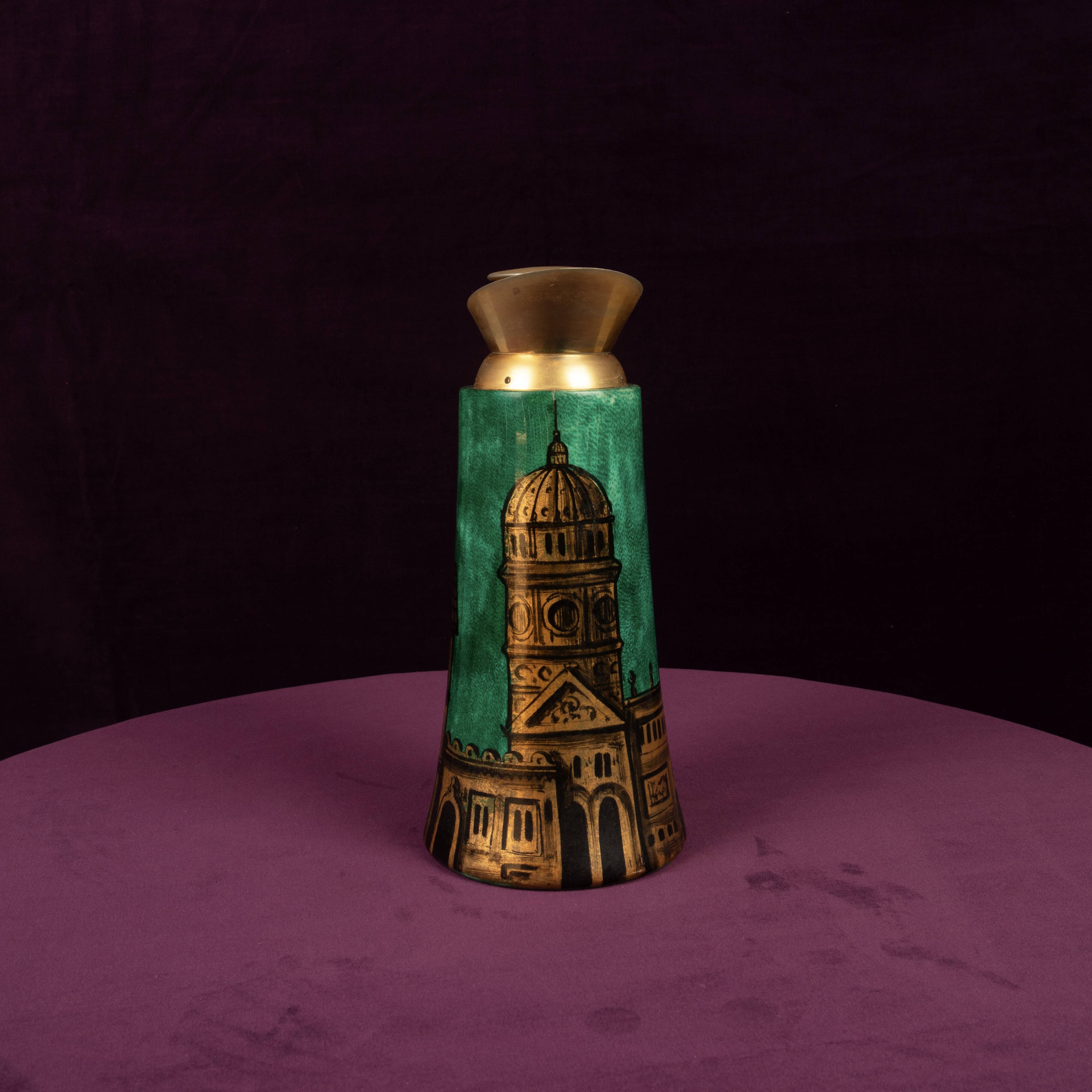 Aldo Tura Mod. 968D Hand-Decorated Green Goatskin Parchment Thermos Italy 1960