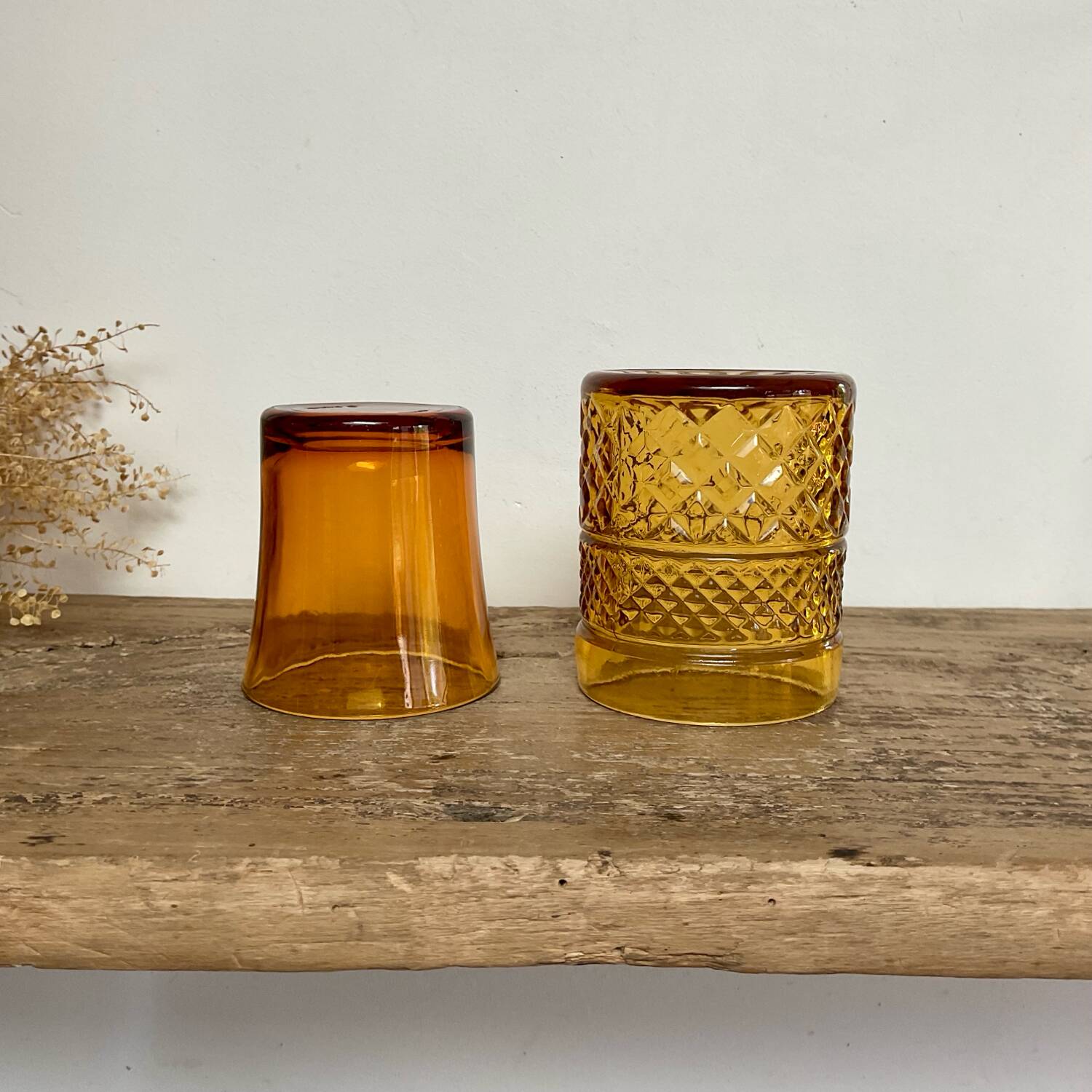 6 mismatched vintage amber glasses