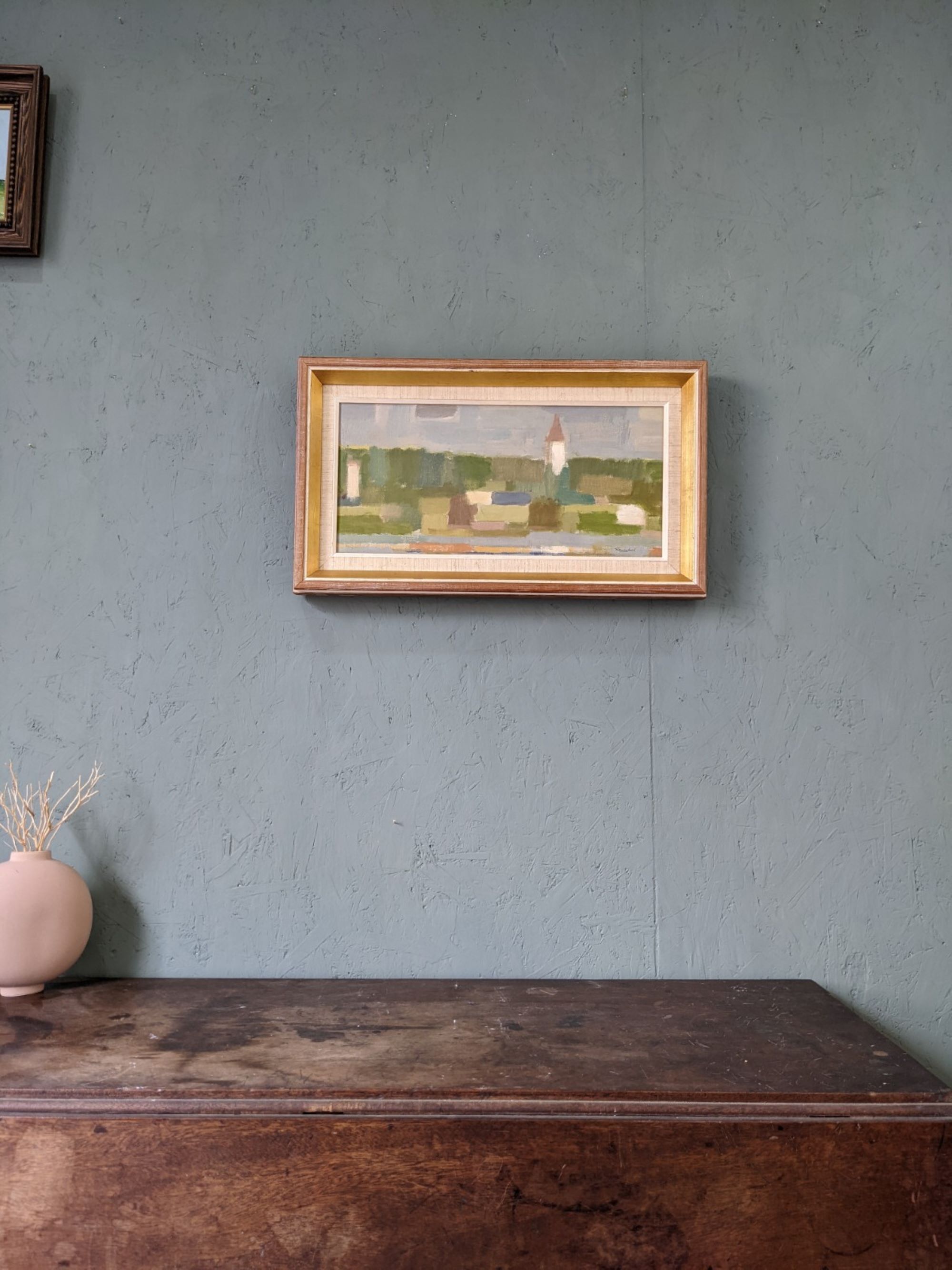 Mid-Century Modern Swedish "Houses by Nature" Vintage Landscape Oil Painting, Framed