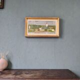 Mid-Century Modern Swedish "Houses by Nature" Vintage Landscape Oil Painting, Framed