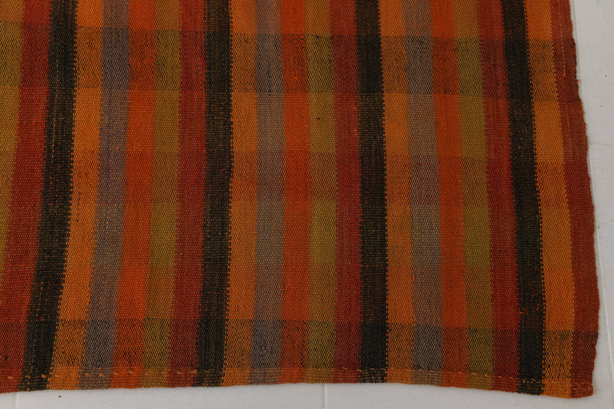 Kilim Vintage à Rayures Fait Main en Laine, Tons Terre et Orange, 200x240