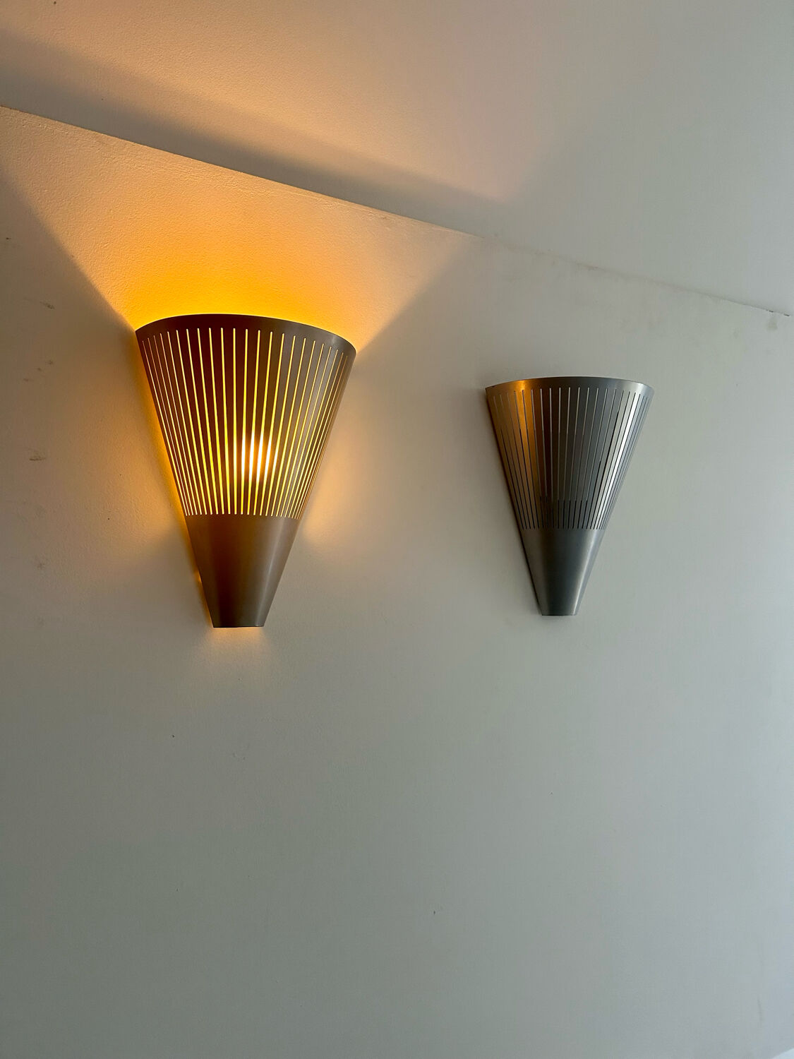 Pair of vintage conical wall lights, ribbed metal, Sweden 1970