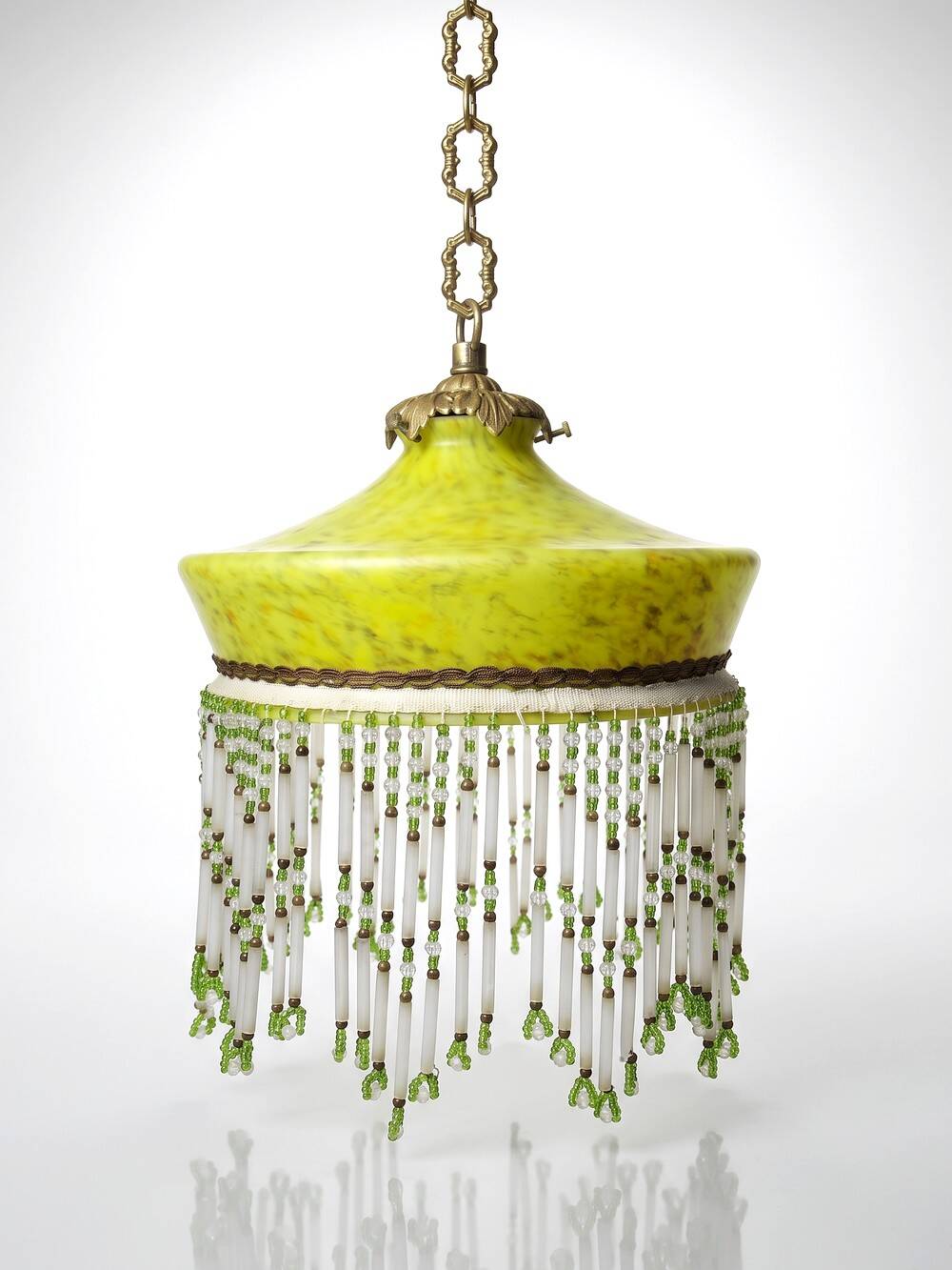Antique Art Deco lampshade in yellow marbled glass with bead fringes.