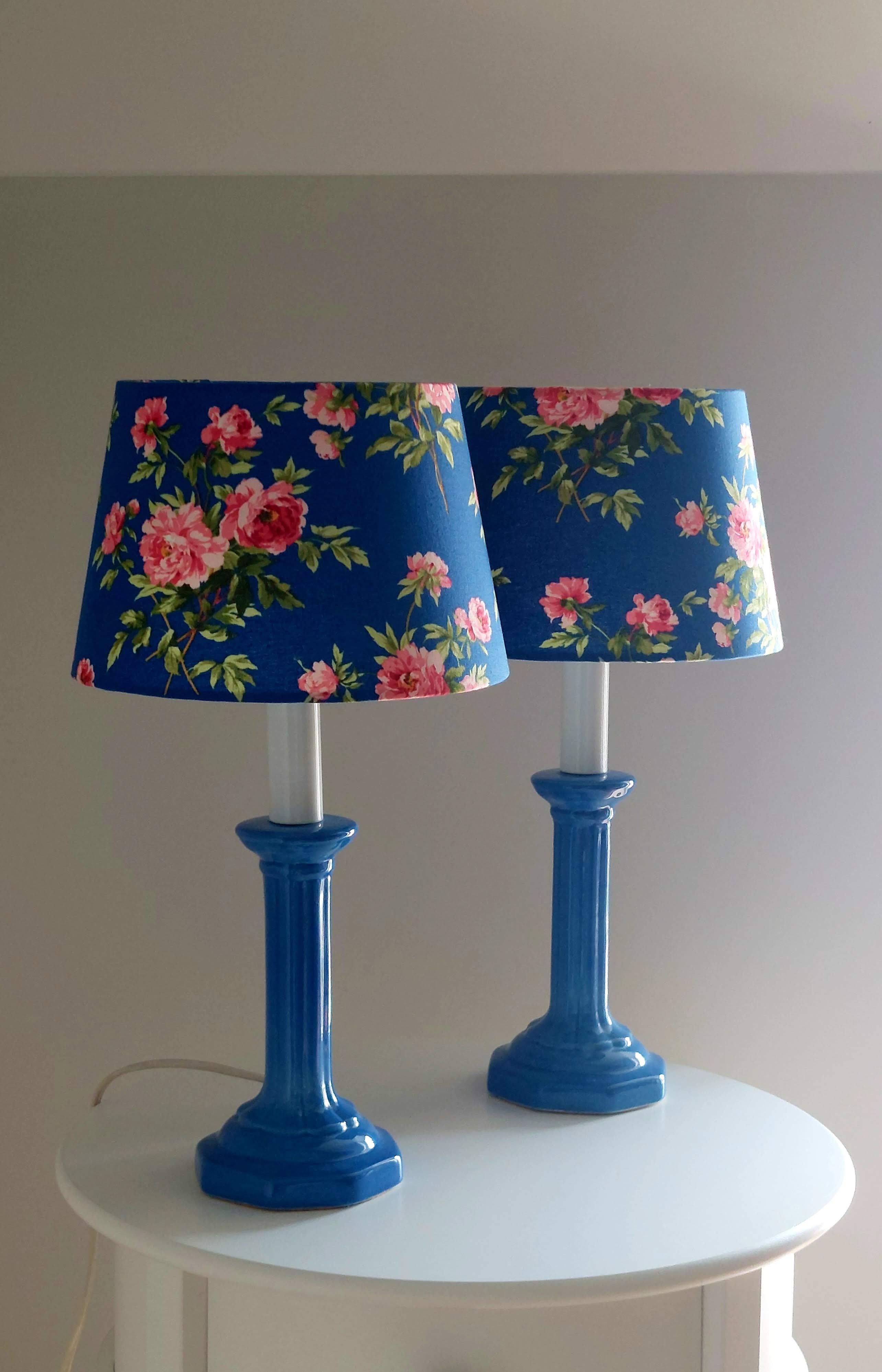 Pair of vintage blue ceramic lamps with Sanderson floral shades.