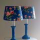 Pair of vintage blue ceramic lamps with Sanderson floral shades.