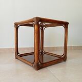 Table d'appoint vintage rotin et verre fumé années 70