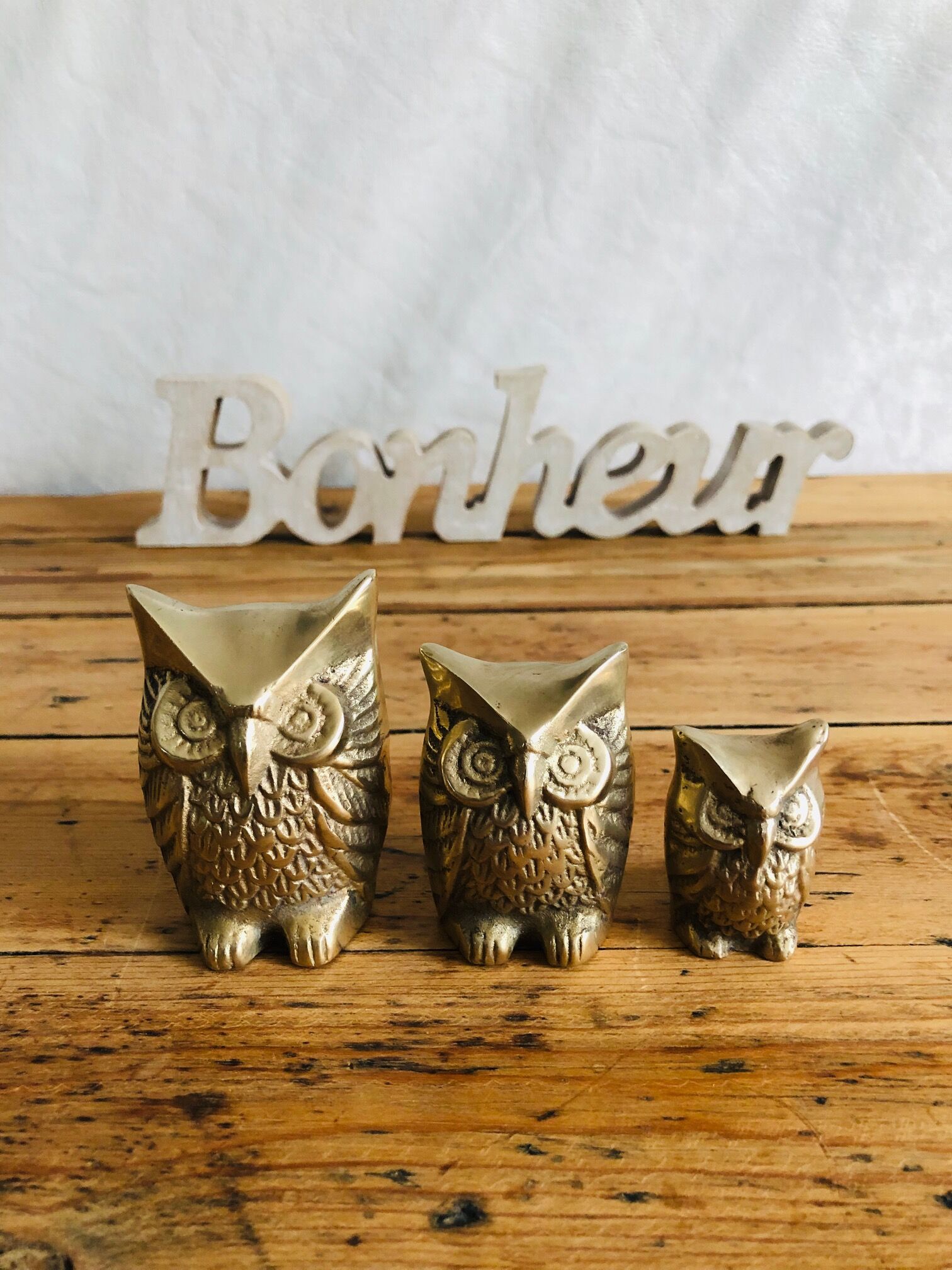 Trio of 3 owls in vintage brass
