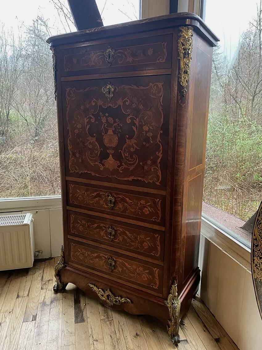 Inlaid wooden secretary, marble top. Napoleon III