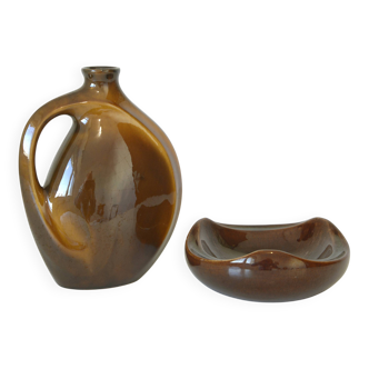 Mid Century Modern Ceramic Set: Handmade Vase & Ashtray, Yugoslavia