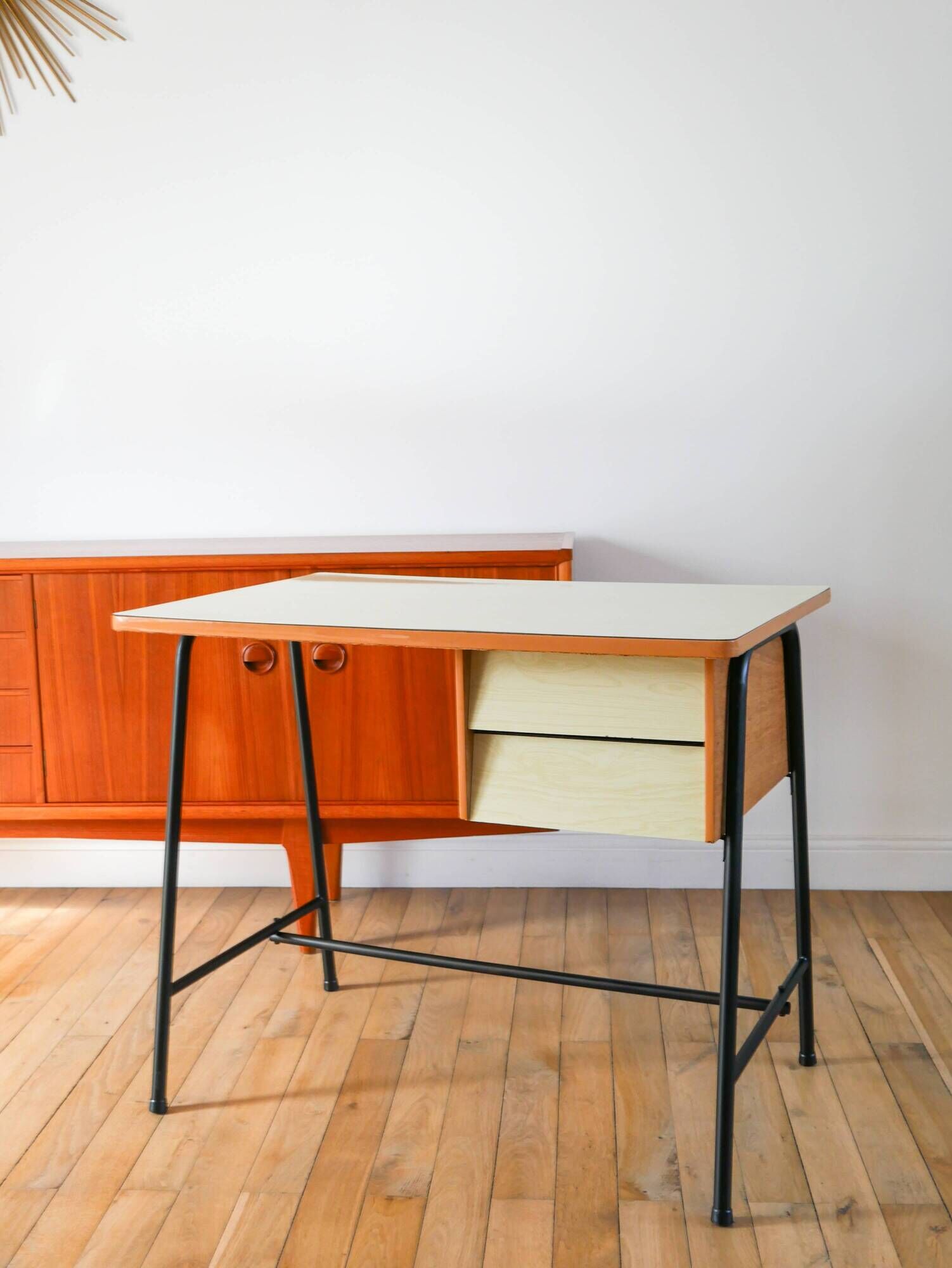 Formica, beech and black metal desk, Modernist Design, 1960