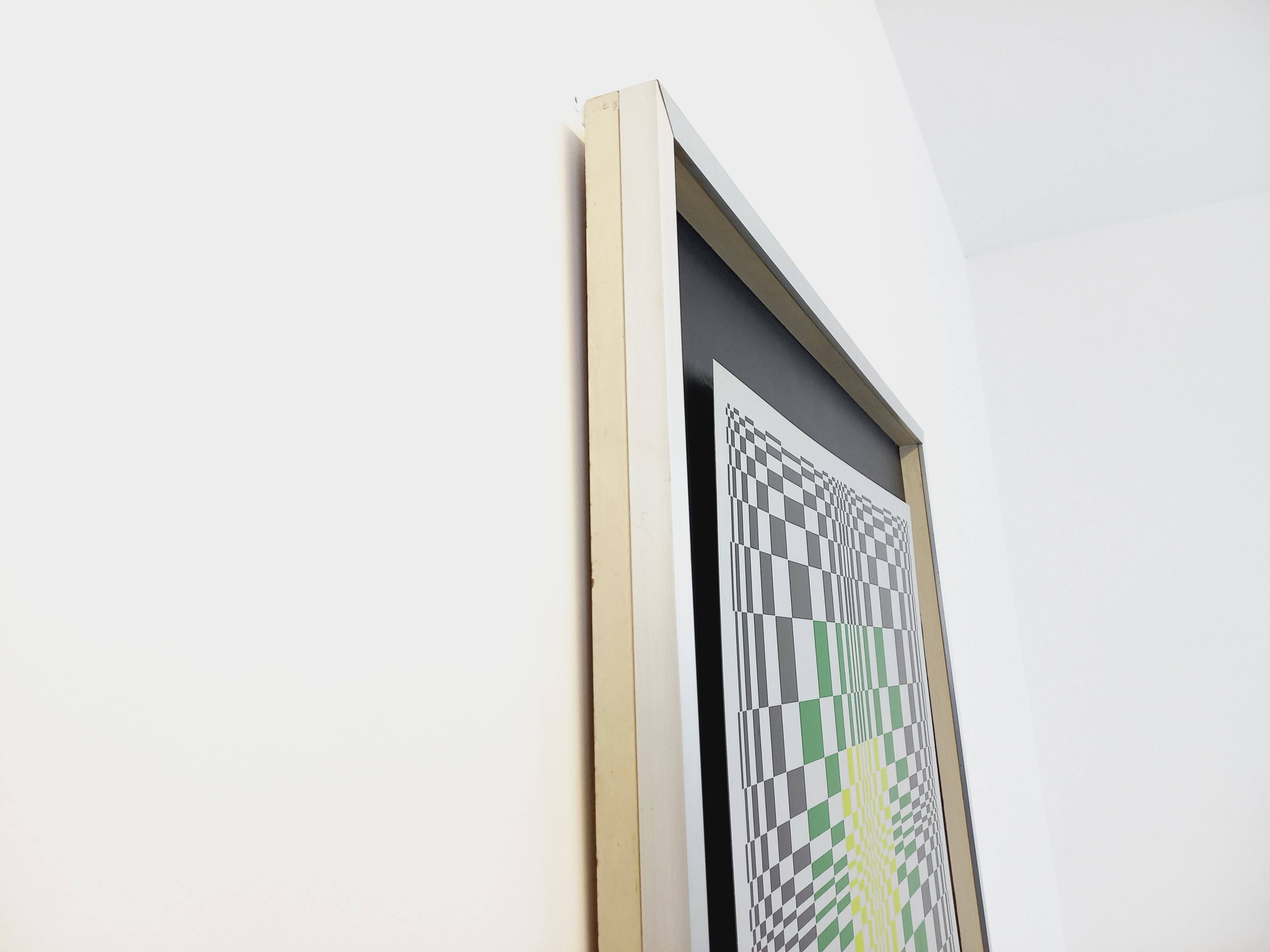 Typical silkscreen painting in kinetic checkerboard on aluminum, Italian abstract design in Vasarely style