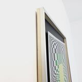 Typical silkscreen painting in kinetic checkerboard on aluminum, Italian abstract design in Vasarely style