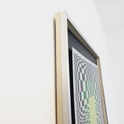 Typical silkscreen painting in kinetic checkerboard on aluminum, Italian abstract design in Vasarely style