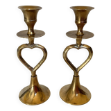 Pair of small brass heart candlesticks
