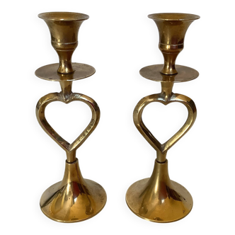Pair of small brass heart candlesticks