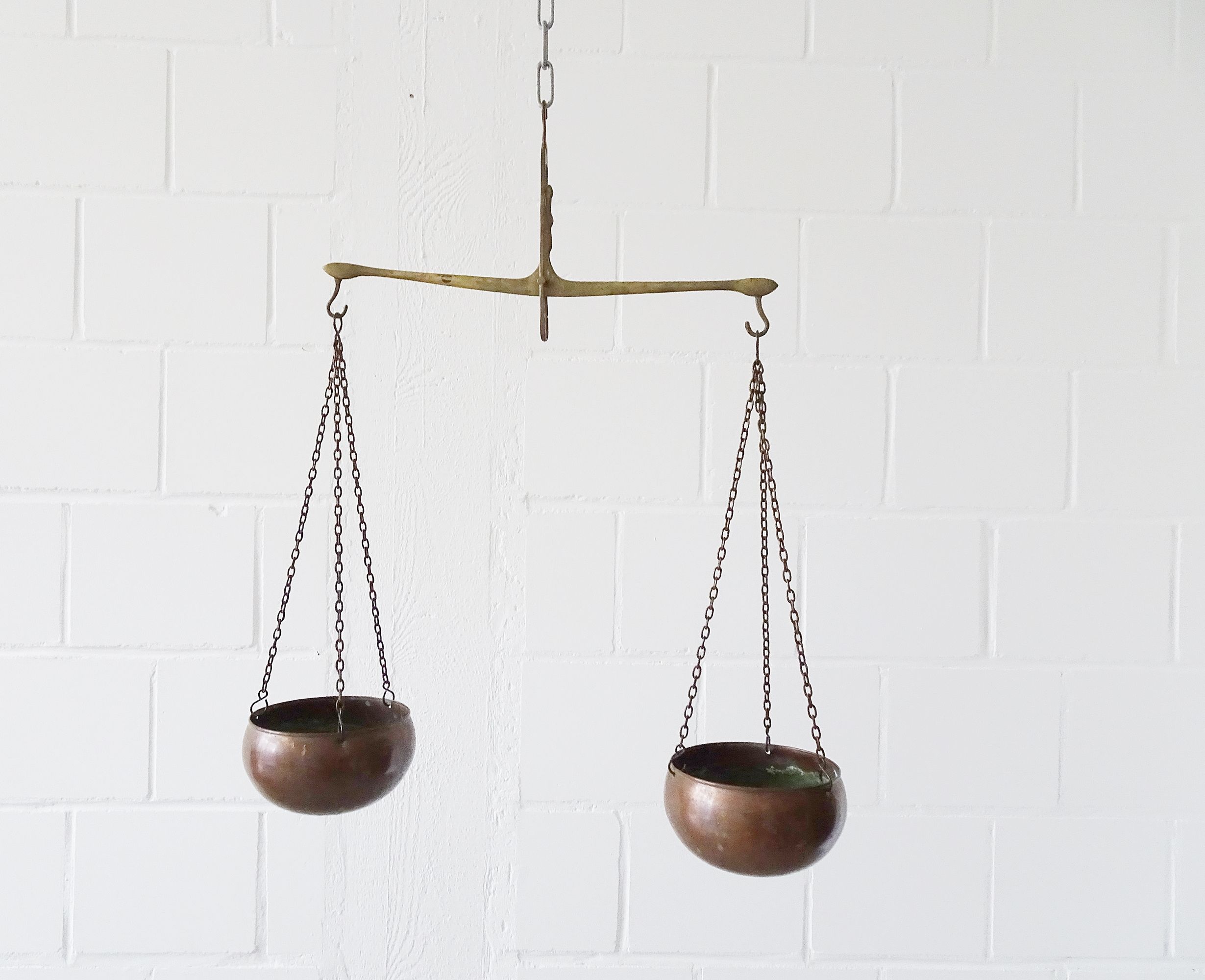 Hanging scales, antique brass and copper scales, hanging basket