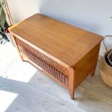 Vintage wooden and rattan storage bench – 1960s – Retro storage bench
