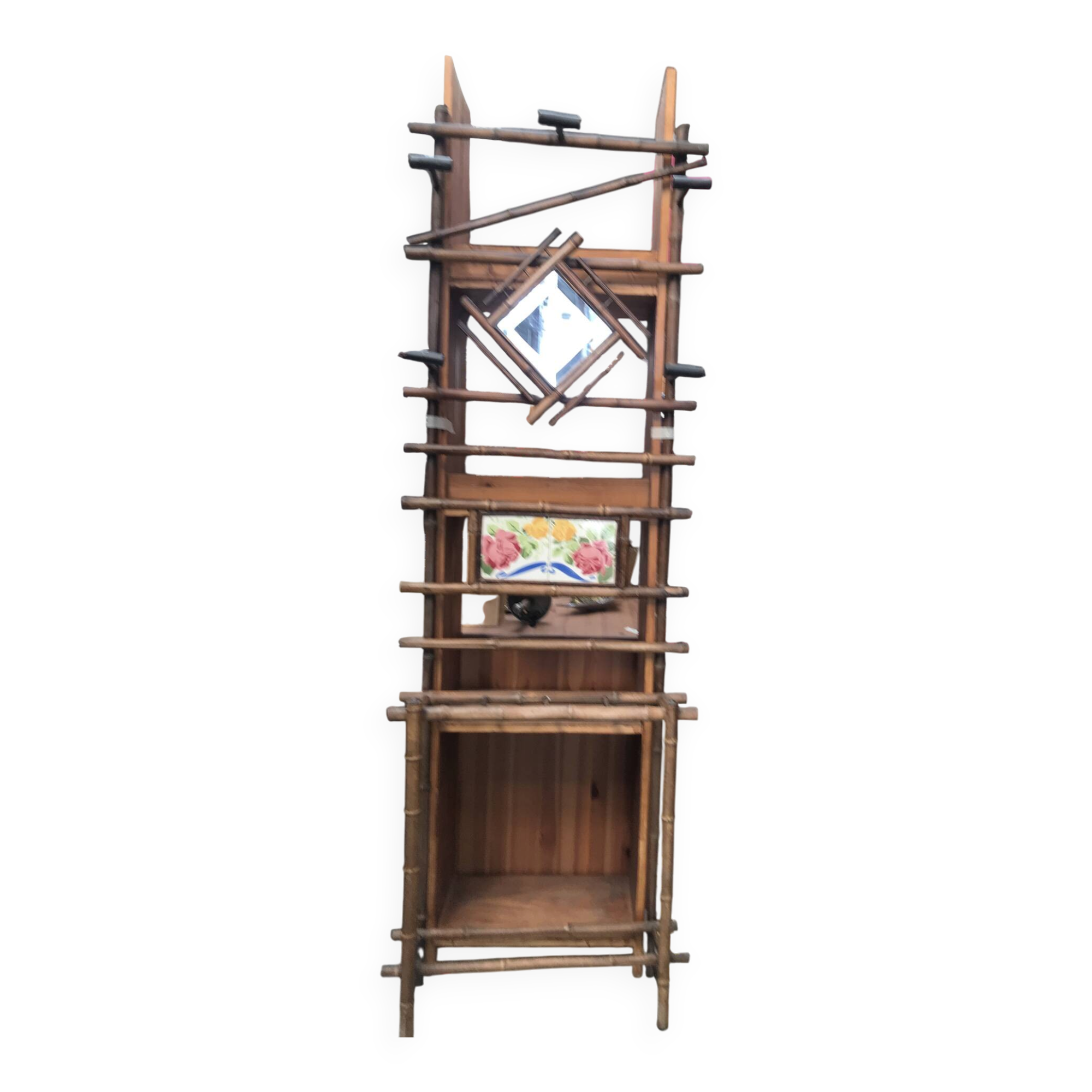 Bamboo coat rack and 1950s mirror