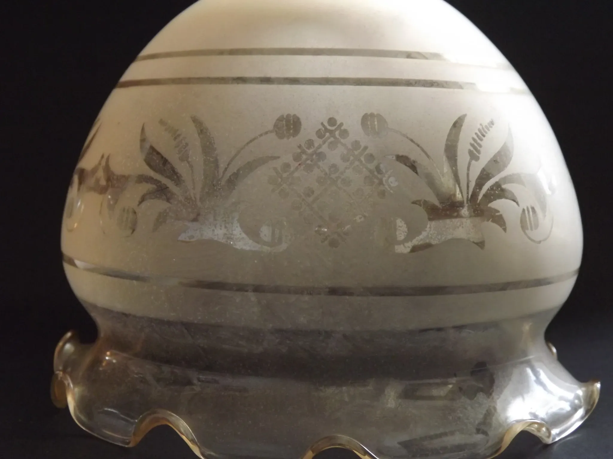 Set of 2 Vintage French Amber Patterned Glass Shades Frilled Edge