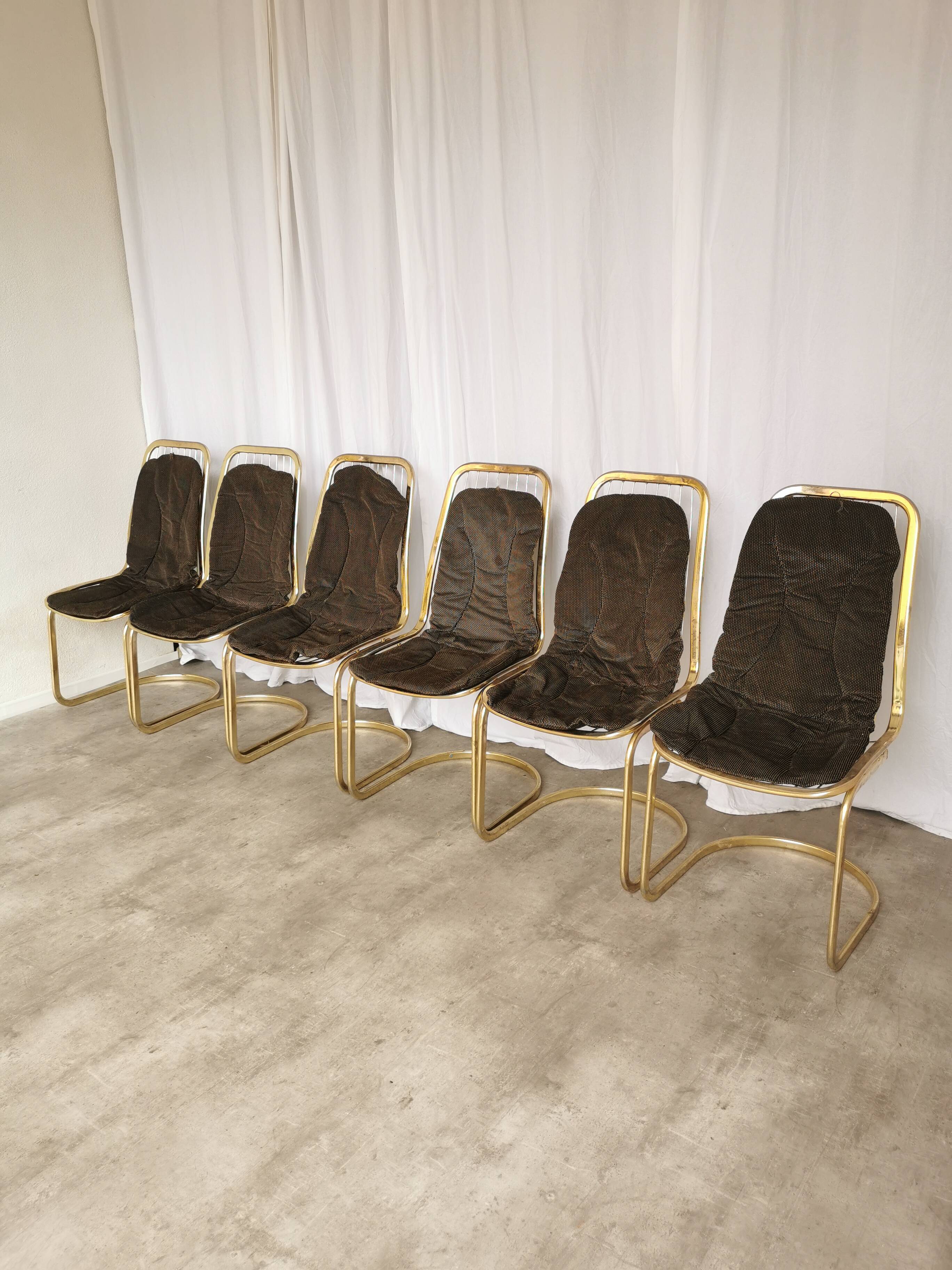Set of 6 Vintage Gold Chrome Dining Chairs: Italian Mid-Century Design