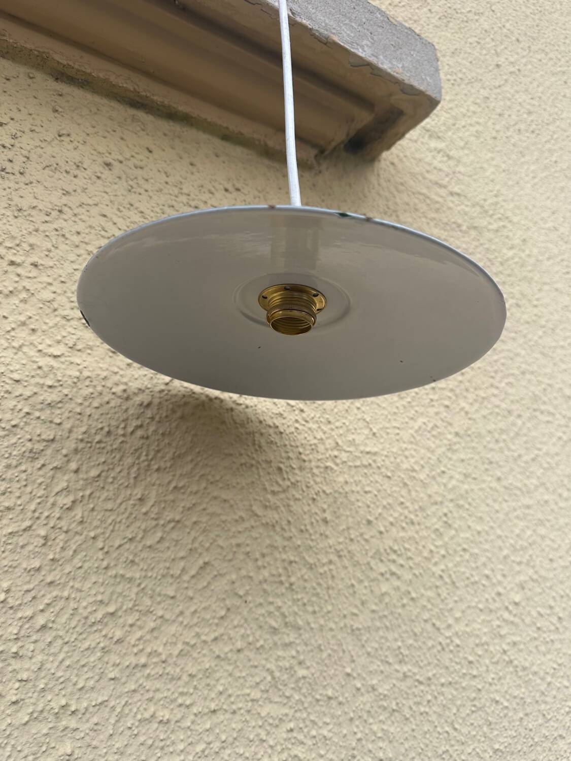 Vintage pendant light with green and white enamelled sheet metal lampshade and LED electricity