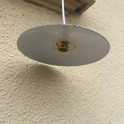 Vintage pendant light with green and white enamelled sheet metal lampshade and LED electricity