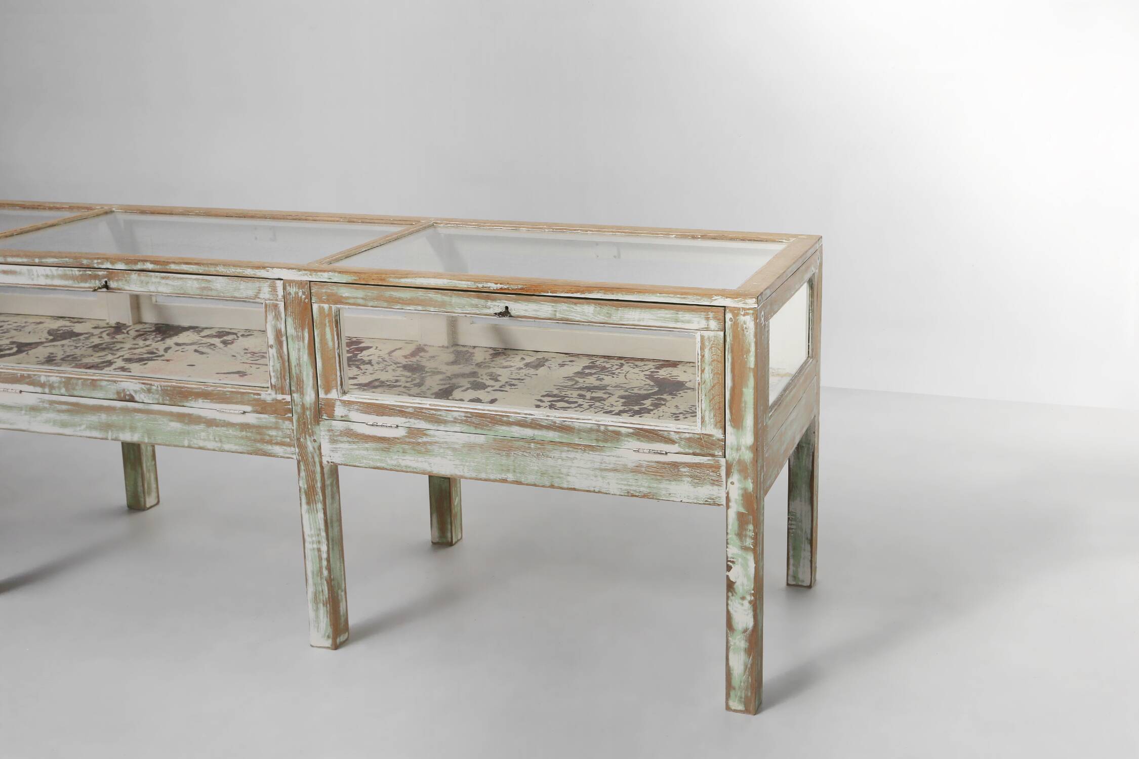 Beautiful patinated large rustic oak display case, France ca. 1900