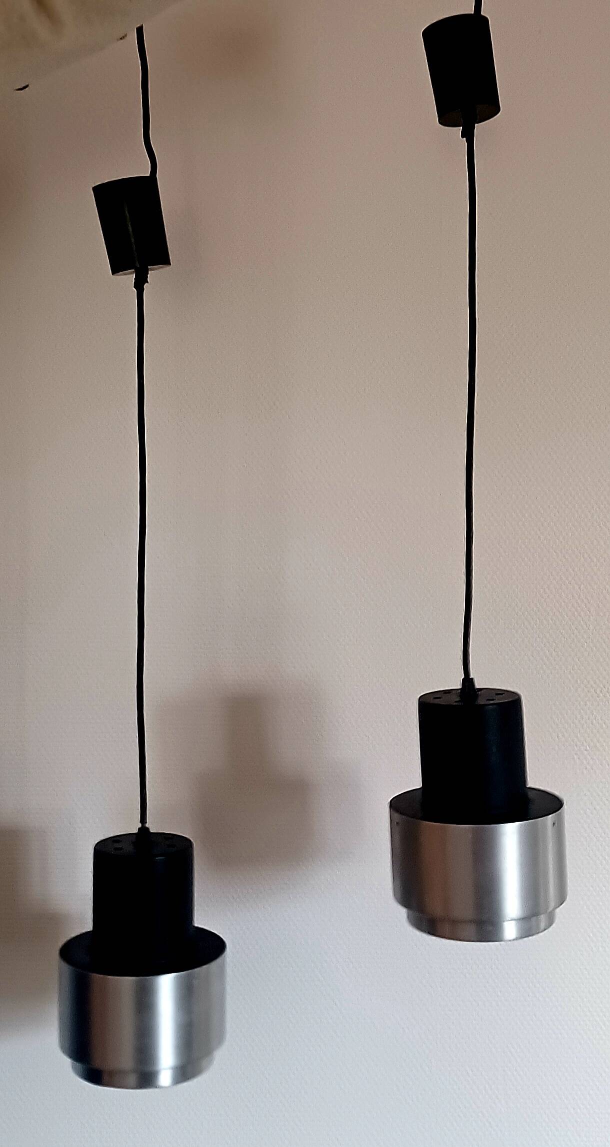 Pair of Space Age pendant lights in brushed stainless steel