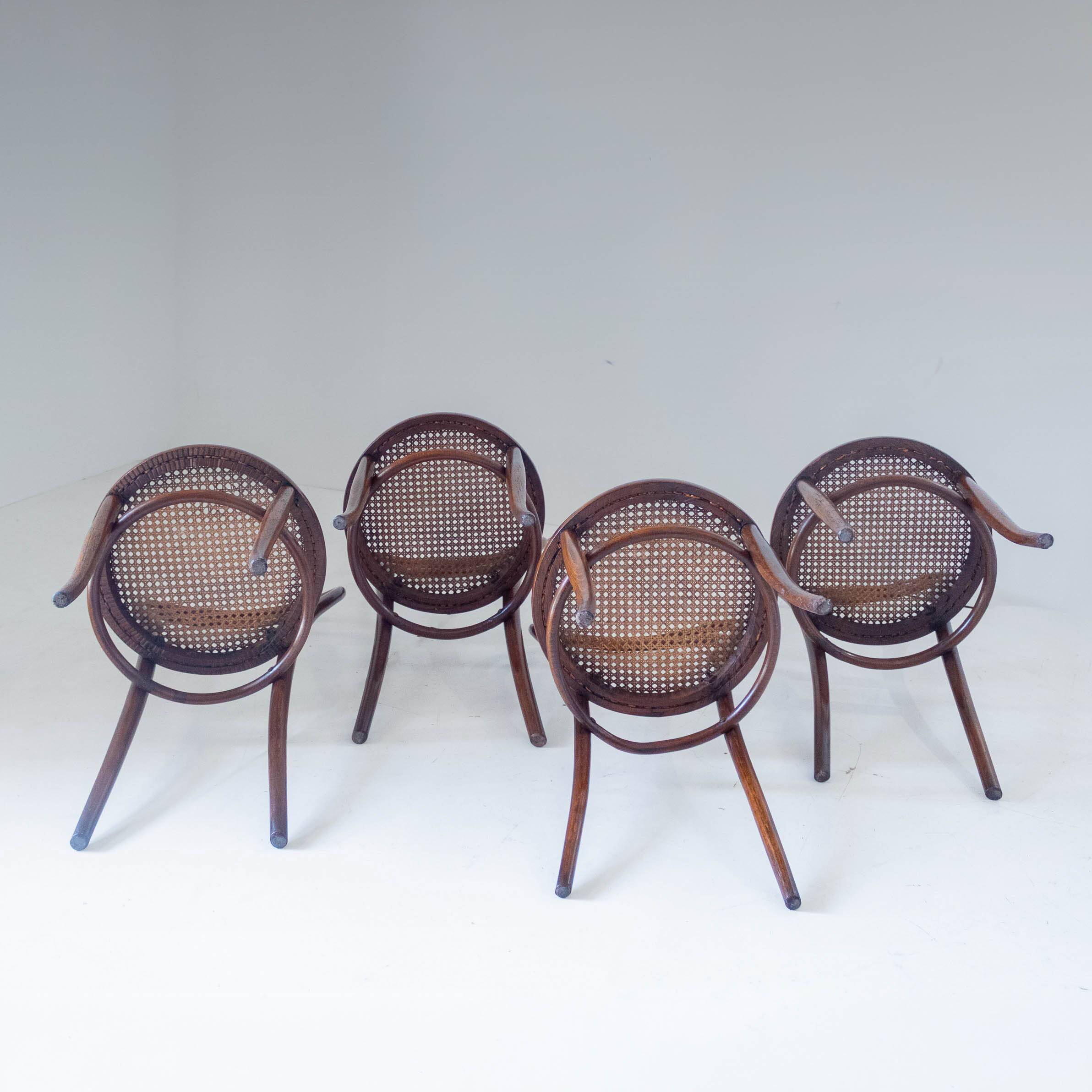 1900s Set of Four Bentwood and Cane Dining Chairs by Josef Hoffmann, Labele