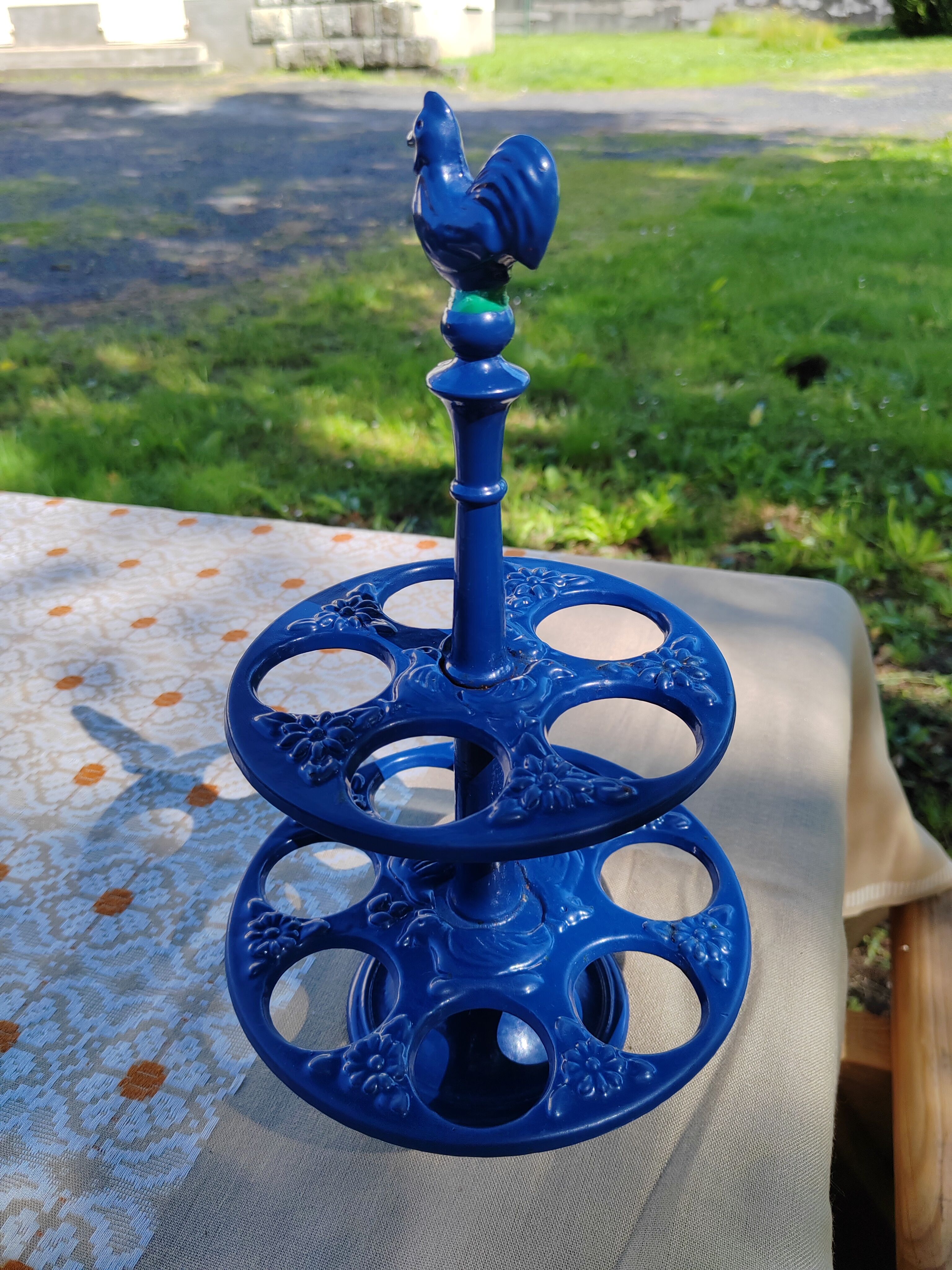 Blue enamelled cast iron egg holder 60s/70s