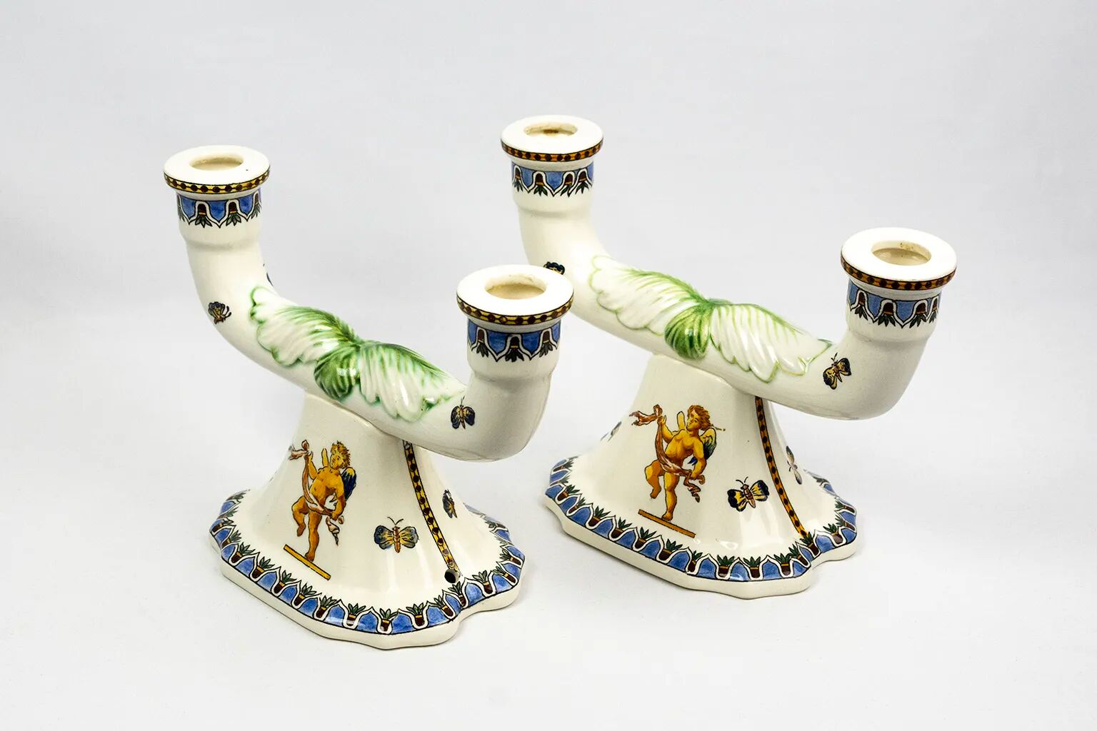 Pair of Renaissance candlesticks in earthenware – Gien pottery, 1970s